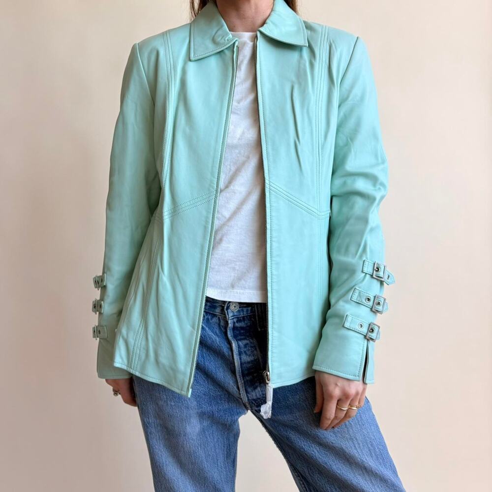Pamela McCoy Aqua Genuine Leather Moto Jacket - NWT, Size XS